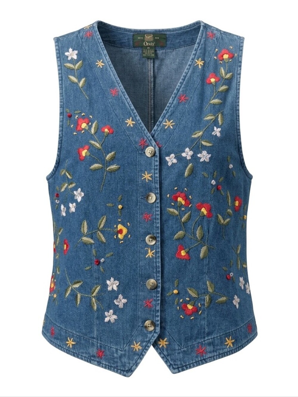 Orvis Vintage SZ M Cottagecore Lightweight Denim Floral Embroidered Vest 90's